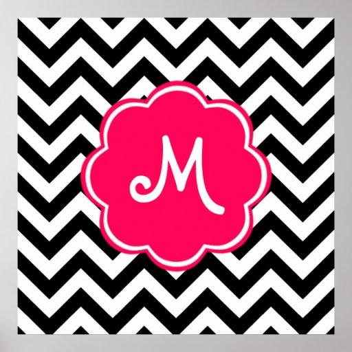 Neon Pink Custom Monogram with Chevron Pattern Posters