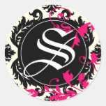 Neopolitan Damask Monogram "S" black/white/fuschia Round Stickers