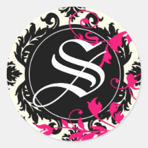 Neopolitan Damask Monogram "S" black/white/fuschia Round Stickers
