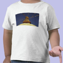 Nepal, Kathmandu. Under prayer flags, watchful t-shirts