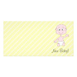 New Baby! Cute baby waving. On Yellow stripes. Customized Photo Card
