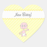 New Baby! Cute baby waving. On Yellow stripes. Heart Sticker