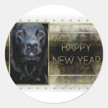 New Year - Golden Elegance - Labrador - Black Gaug Round Sticker