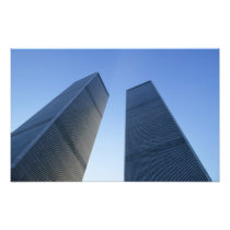New York, USA. View up at twin towers of the