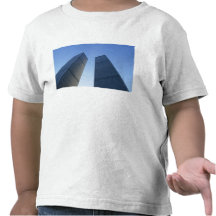 New York, USA. View up at twin towers of the Tee Shirt