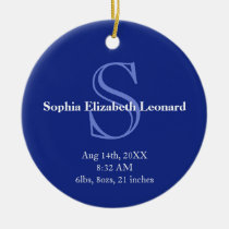Newborn baby statistic monogram keepsake navy blue ornaments