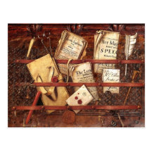 Newspapers, letters and writing implements post cards