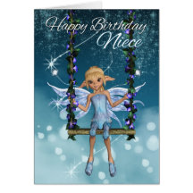 Niece Happy Birthday cute fairy on flower swing Cards