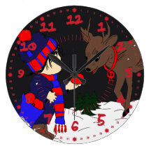 Night sky child feeding reindeer II Round Wallclocks