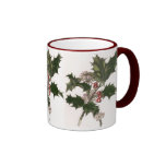 Noël vintage, branche de houx avec les baies rouge tasse