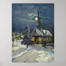 Noël vintage, église en hiver de neige de clair de affiche