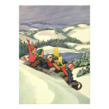 Noël vintage, enfants Sledding la neige d'hiver Invitations Personnalisées