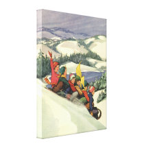 Noël vintage, enfants Sledding la neige d'hiver Impressions Sur Toile