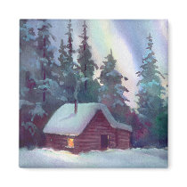 NORTHERN LIGHTS & LOG CABIN by SHARON SHARPE Refrigerator Magnets
