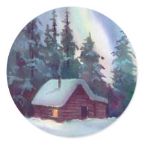 NORTHERN LIGHTS & LOG CABIN by SHARON SHARPE Round Sticker