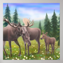 Northern Moose Family Poster