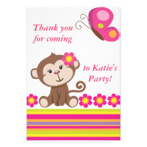 Note (rose) de Merci de fille de singe Cartons D'invitation Personnalisés