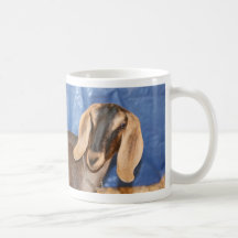 Nubian doe head against blue mug