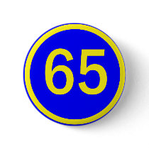 number, 65, in a circle pinback button
