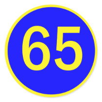 number, 65, in a circle round sticker