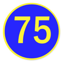 number, 75,  in a circle round sticker