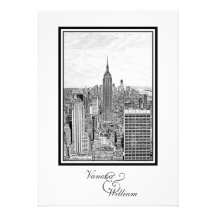 NY City Skyline Empire St Bldg BW Etched Wedding Personalized Invitations