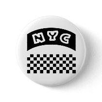 NYC Cutout With Taxi Chequerboard And Banner Pinback Buttons