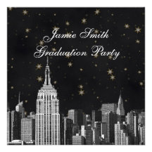 NYC ESB Skyline Etched Black Starry Graduation Announcement