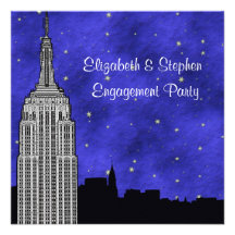 NYC ESB Skyline Silhouette Blue Starry Engagement Personalized Invitations