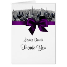 NYC Etched Fisheye Skyline BW Purple Thank You Greeting Card