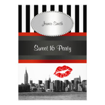NYC Skyline Bk Wht Strp Red Kiss Sweet 16 Party Invitations