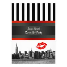 NYC Skyline Bk Wht Strp Red Kiss Sweet 16 Party Custom Invitation