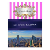 NYC Skyline Pink White Stripe Save the Date Postcards