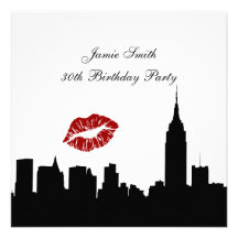 NYC Skyline Silhouette, Kiss ESB #1 BW Birthday SQ Personalized Invite