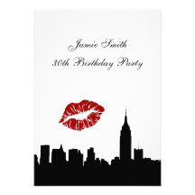 NYC Skyline Silhouette, Kiss ESB #1 BW Birthday V Personalized Announcement
