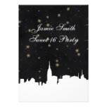 NYC Skyline Wht Silhouette Bk Gold Star Sweet 16 V invitations
