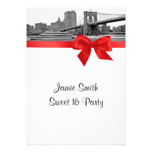 NYC Wide Skyline Etched BB BW Red Sweet Sixteen Announcements