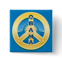 Obama GoldStar Peace Button, square on blue