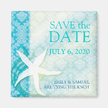 Oceanfront Starfish Teal Wedding Save the Date Refrigerator Magnets