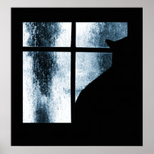 October Showers Cat Silhouette At Window Blue Poster