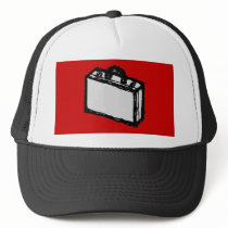 Office Briefcase or Travel Suitcase. Sketch. Red Trucker Hat