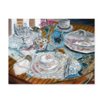 oil painting still life china tea set dinnerware postcard