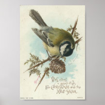 Oiseau vintage et Pinecone, Noël Affiches
