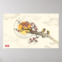 Oiseaux d'amour sur des fleurs de pêche affiches
