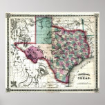 Old 1866 Texas Map Poster