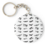 Old airplanes in black and white, vintage aircraft keychain