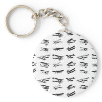 Old airplanes in black and white, vintage aircraft keychain