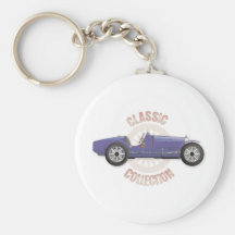 Old blue vintage racing car used on the track key chain