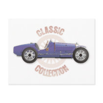Old blue vintage racing car used on the track postcards
