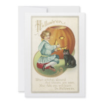 Old Fashioned Halloween Boy Carving Pumpkin Personalized Invites